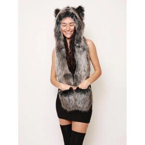 SpiritHoods Womens Grey Wolf Faux Fur Hood Mini Pocket Made In USA One Size
